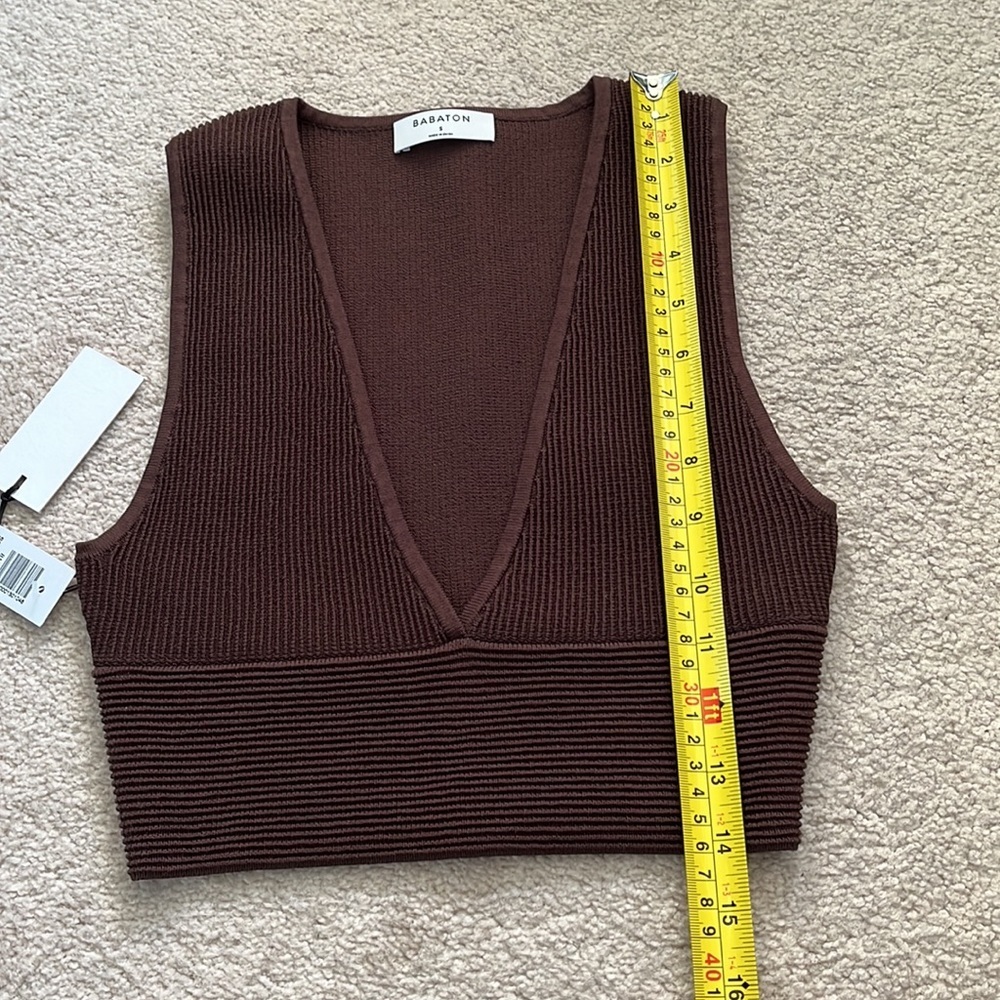 NWT Babaton Chocolate Brown Ribbed V-Neck Cropped Knit Tank Luxury Boho Chic - Picture 7 of 12